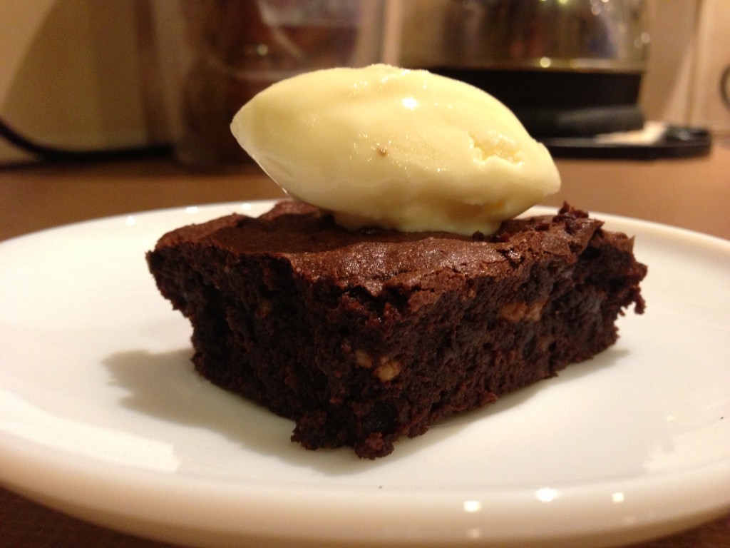 Low'ish fat brownie with quinelle of vanilla ice-cream (which probably just adds back the fat that I removed by cutting the butter content)