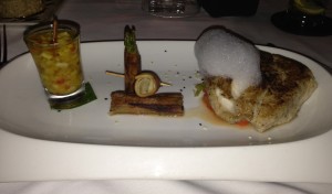 Fillet of Barramundi with capsicum and leeks, crispy vegetables and pineapple with cinnamon. 