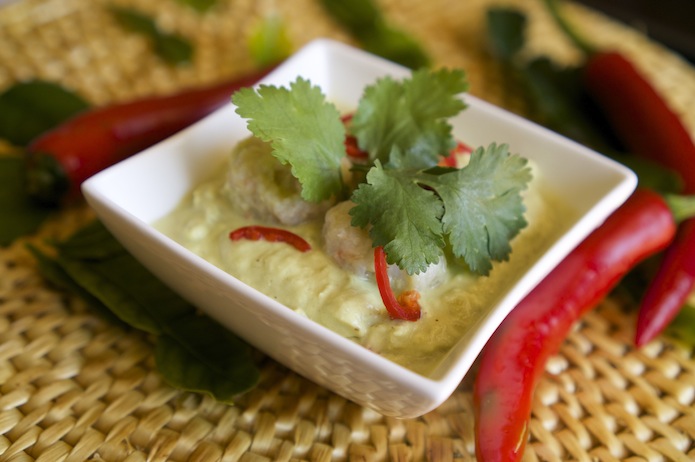 Thai Green Curry of Prawn Dumplings with Eggplant