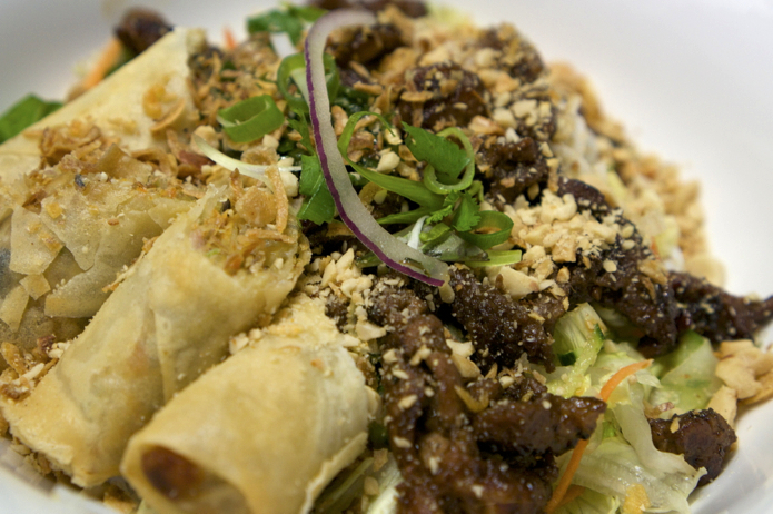 Bun Cha Gio - rice vermicelli with grilled pork and fried spring rolls 