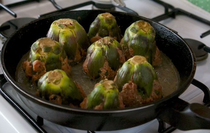 The artichokes are lightly fried in olive oil