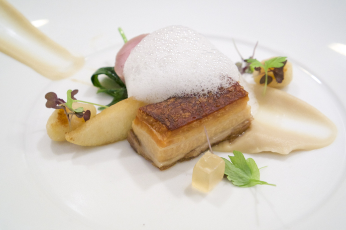16-hour pork belly and pork loin, apple in three ways (foam, jelly and braised) with a celeriac purée