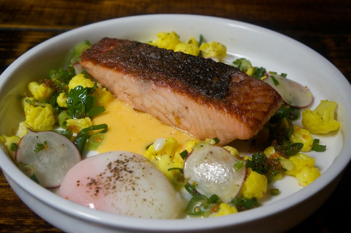 Salmon, hollandaise sauce, pickled cauliflower, slow cooked egg