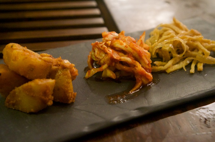 The sides - Potato, kimchi and fish cake